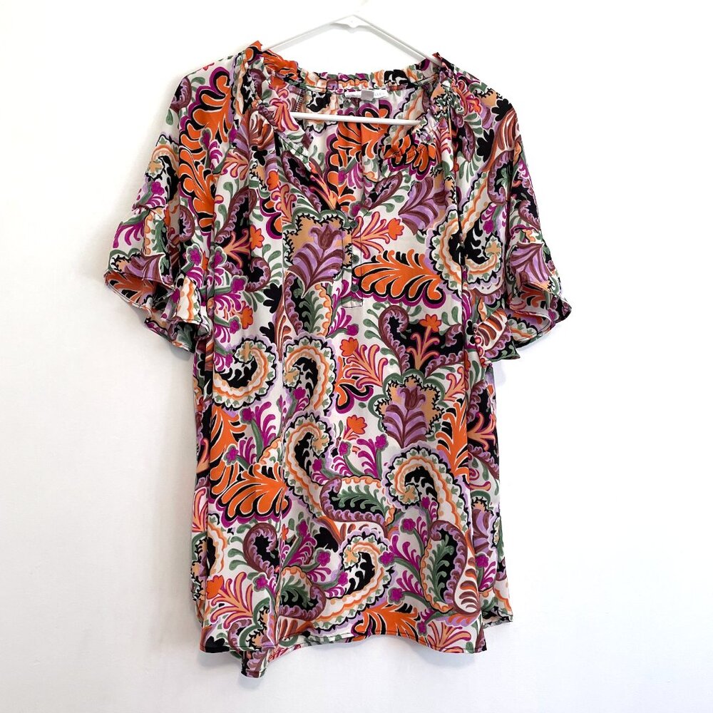 CYNTHIA ROWLEY Plus Size Orange Purple Multi Paisley Boho Short Sleeve Blouse 3X
